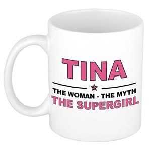 Bellatio Naam cadeau Tina - The woman, The myth the supergirl koffie mok / beker 300 ml - naam/namen mokken - Cadeau voor o.a verjaardag/ moederdag/ pensioen/ geslaagd/ bedankt