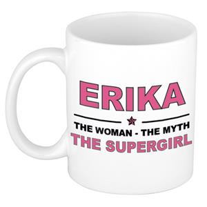 Bellatio Naam cadeau Erika - The woman, The myth the supergirl koffie mok / beker 300 ml - naam/namen mokken - Cadeau voor o.a verjaardag/ moederdag/ pensioen/ geslaagd/ bedankt