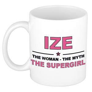 Bellatio Naam cadeau Ize - The woman, The myth the supergirl koffie mok / beker 300 ml - naam/namen mokken - Cadeau voor o.a verjaardag/ moederdag/ pensioen/ geslaagd/ bedankt