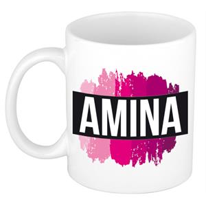Bellatio Amina naam cadeau mok / beker met roze verfstrepen - Cadeau collega/ moederdag/ verjaardag of als persoonlijke mok werknemers