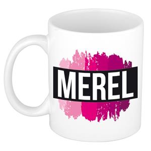 Bellatio Merel naam cadeau mok / beker met roze verfstrepen - Cadeau collega/ moederdag/ verjaardag of als persoonlijke mok werknemers