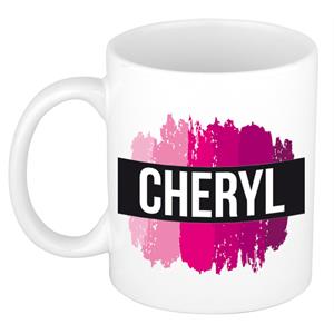 Bellatio Cheryl naam cadeau mok / beker met roze verfstrepen - Cadeau collega/ moederdag/ verjaardag of als persoonlijke mok werknemers