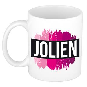 Bellatio Jolien naam cadeau mok / beker met roze verfstrepen - Cadeau collega/ moederdag/ verjaardag of als persoonlijke mok werknemers