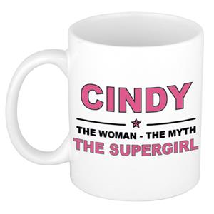 Bellatio Naam cadeau Cindy - The woman, The myth the supergirl koffie mok / beker 300 ml - naam/namen mokken - Cadeau voor o.a verjaardag/ moederdag/ pensioen/ geslaagd/ bedankt