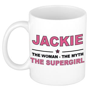 Bellatio Naam cadeau Jackie - The woman, The myth the supergirl koffie mok / beker 300 ml - naam/namen mokken - Cadeau voor o.a verjaardag/ moederdag/ pensioen/ geslaagd/ bedankt