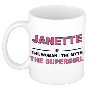 Bellatio Naam cadeau Janette - The woman, The myth the supergirl koffie mok / beker 300 ml - naam/namen mokken - Cadeau voor o.a verjaardag/ moederdag/ pensioen/ geslaagd/ bedankt