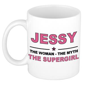 Bellatio Naam cadeau Jessy - The woman, The myth the supergirl koffie mok / beker 300 ml - naam/namen mokken - Cadeau voor o.a verjaardag/ moederdag/ pensioen/ geslaagd/ bedankt