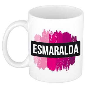 Bellatio Esmaralda naam cadeau mok / beker met roze verfstrepen - Cadeau collega/ moederdag/ verjaardag of als persoonlijke mok werknemers