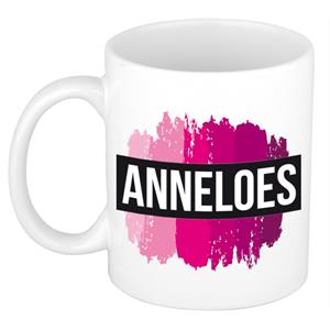 Bellatio Anneloes naam cadeau mok / beker met roze verfstrepen - Cadeau collega/ moederdag/ verjaardag of als persoonlijke mok werknemers