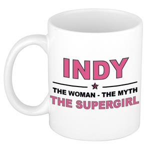 Bellatio Naam cadeau Indy - The woman, The myth the supergirl koffie mok / beker 300 ml - naam/namen mokken - Cadeau voor o.a verjaardag/ moederdag/ pensioen/ geslaagd/ bedankt