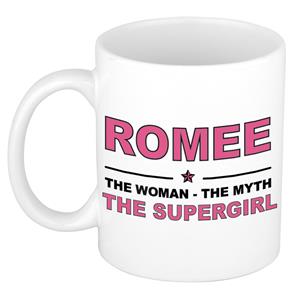 Bellatio Naam cadeau Romee - The woman, The myth the supergirl koffie mok / beker 300 ml - naam/namen mokken - Cadeau voor o.a verjaardag/ moederdag/ pensioen/ geslaagd/ bedankt