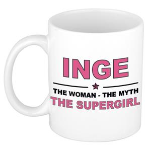 Bellatio Naam cadeau Inge - The woman, The myth the supergirl koffie mok / beker 300 ml - naam/namen mokken - Cadeau voor o.a verjaardag/ moederdag/ pensioen/ geslaagd/ bedankt