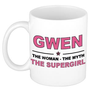 Bellatio Naam cadeau Gwen - The woman, The myth the supergirl koffie mok / beker 300 ml - naam/namen mokken - Cadeau voor o.a verjaardag/ moederdag/ pensioen/ geslaagd/ bedankt