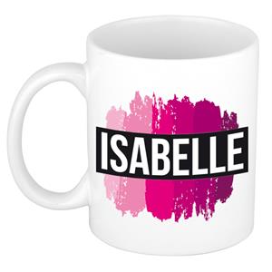 Bellatio Isabelle naam cadeau mok / beker met roze verfstrepen - Cadeau collega/ moederdag/ verjaardag of als persoonlijke mok werknemers