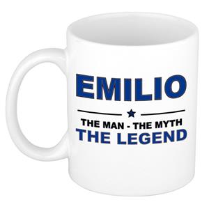 Bellatio Naam cadeau Emilio - The man, The myth the legend koffie mok / beker 300 ml - naam/namen mokken - Cadeau voor o.a verjaardag/ vaderdag/ pensioen/ geslaagd/ bedankt