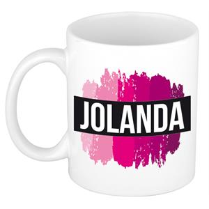 Bellatio Jolanda naam cadeau mok / beker met roze verfstrepen - Cadeau collega/ moederdag/ verjaardag of als persoonlijke mok werknemers