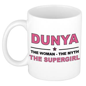 Bellatio Naam cadeau Dunya - The woman, The myth the supergirl koffie mok / beker 300 ml - naam/namen mokken - Cadeau voor o.a verjaardag/ moederdag/ pensioen/ geslaagd/ bedankt