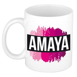 Bellatio Amaya naam cadeau mok / beker met roze verfstrepen - Cadeau collega/ moederdag/ verjaardag of als persoonlijke mok werknemers