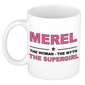 Bellatio Naam cadeau Merel - The woman, The myth the supergirl koffie mok / beker 300 ml - naam/namen mokken - Cadeau voor o.a verjaardag/ moederdag/ pensioen/ geslaagd/ bedankt