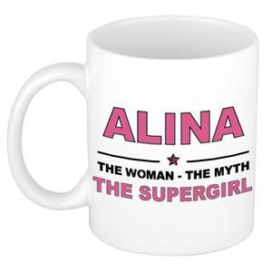 Bellatio Naam cadeau Alina - The woman, The myth the supergirl koffie mok / beker 300 ml - naam/namen mokken - Cadeau voor o.a verjaardag/ moederdag/ pensioen/ geslaagd/ bedankt