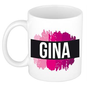 Bellatio Gina naam cadeau mok / beker met roze verfstrepen - Cadeau collega/ moederdag/ verjaardag of als persoonlijke mok werknemers