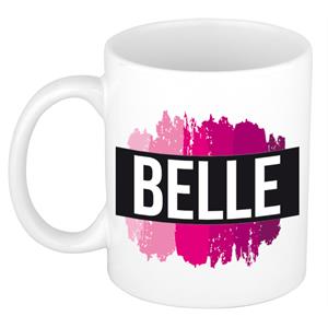 Bellatio Belle naam cadeau mok / beker met roze verfstrepen - Cadeau collega/ moederdag/ verjaardag of als persoonlijke mok werknemers