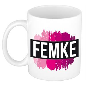 Bellatio Femke naam cadeau mok / beker met roze verfstrepen - Cadeau collega/ moederdag/ verjaardag of als persoonlijke mok werknemers