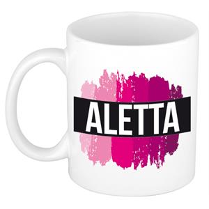 Bellatio Aletta naam cadeau mok / beker met roze verfstrepen - Cadeau collega/ moederdag/ verjaardag of als persoonlijke mok werknemers