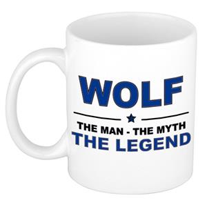 Bellatio Naam cadeau Wolf - The man, The myth the legend koffie mok / beker 300 ml - naam/namen mokken - Cadeau voor o.a verjaardag/ vaderdag/ pensioen/ geslaagd/ bedankt