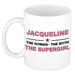 Bellatio Naam cadeau Jacqueline - The woman, The myth the supergirl koffie mok / beker 300 ml - naam/namen mokken - Cadeau voor o.a verjaardag/ moederdag/ pensioen/ geslaagd/ bedankt