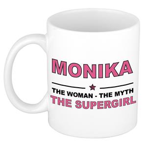 Bellatio Naam cadeau Monika - The woman, The myth the supergirl koffie mok / beker 300 ml - naam/namen mokken - Cadeau voor o.a verjaardag/ moederdag/ pensioen/ geslaagd/ bedankt