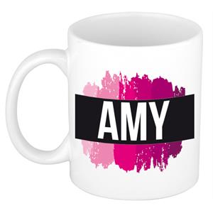 Bellatio Amy naam cadeau mok / beker met roze verfstrepen - Cadeau collega/ moederdag/ verjaardag of als persoonlijke mok werknemers