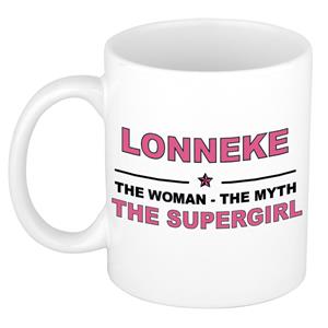 Bellatio Naam cadeau Lonneke - The woman, The myth the supergirl koffie mok / beker 300 ml - naam/namen mokken - Cadeau voor o.a verjaardag/ moederdag/ pensioen/ geslaagd/ bedankt