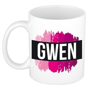 Bellatio Gwen naam cadeau mok / beker met roze verfstrepen - Cadeau collega/ moederdag/ verjaardag of als persoonlijke mok werknemers