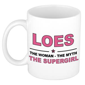 Bellatio Naam cadeau Loes - The woman, The myth the supergirl koffie mok / beker 300 ml - naam/namen mokken - Cadeau voor o.a verjaardag/ moederdag/ pensioen/ geslaagd/ bedankt