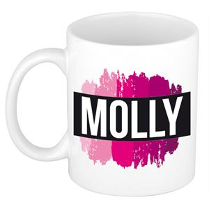 Bellatio Molly naam cadeau mok / beker met roze verfstrepen - Cadeau collega/ moederdag/ verjaardag of als persoonlijke mok werknemers