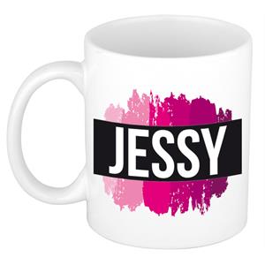 Bellatio Jessy naam cadeau mok / beker met roze verfstrepen - Cadeau collega/ moederdag/ verjaardag of als persoonlijke mok werknemers