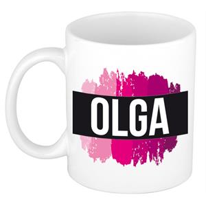 Bellatio Olga naam cadeau mok / beker met roze verfstrepen - Cadeau collega/ moederdag/ verjaardag of als persoonlijke mok werknemers