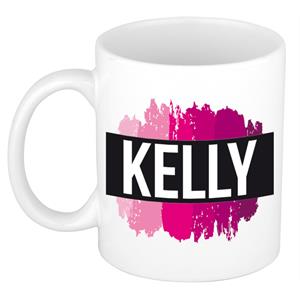Bellatio Kelly naam cadeau mok / beker met roze verfstrepen - Cadeau collega/ moederdag/ verjaardag of als persoonlijke mok werknemers