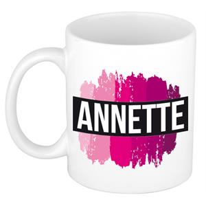 Bellatio Annette naam cadeau mok / beker met roze verfstrepen - Cadeau collega/ moederdag/ verjaardag of als persoonlijke mok werknemers