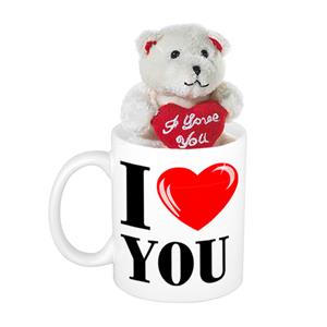 Bellatio Valentijn cadeau I Love You beker / mok 300 ml met beige knuffelbeertje met love hartje - Valentijn cadeautje vrouw en man