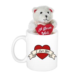 Bellatio Valentijn cadeau I love you banner beker / mok 300 ml met beige knuffelbeertje met love hartje - Romantisch cadeautje vrouw