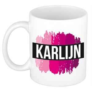 Bellatio Karlijn naam cadeau mok / beker met roze verfstrepen - Cadeau collega/ moederdag/ verjaardag of als persoonlijke mok werknemers
