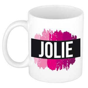 Bellatio Jolie naam cadeau mok / beker met roze verfstrepen - Cadeau collega/ moederdag/ verjaardag of als persoonlijke mok werknemers