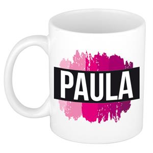 Bellatio Paula naam cadeau mok / beker met roze verfstrepen - Cadeau collega/ moederdag/ verjaardag of als persoonlijke mok werknemers