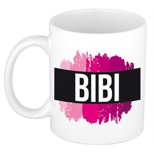 Bellatio Bibi naam cadeau mok / beker met roze verfstrepen - Cadeau collega/ moederdag/ verjaardag of als persoonlijke mok werknemers
