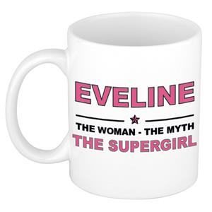 Bellatio Naam cadeau Eveline - The woman, The myth the supergirl koffie mok / beker 300 ml - naam/namen mokken - Cadeau voor o.a verjaardag/ moederdag/ pensioen/ geslaagd/ bedankt