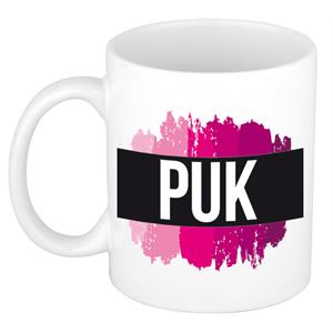 Bellatio Puk naam cadeau mok / beker met roze verfstrepen - Cadeau collega/ moederdag/ verjaardag of als persoonlijke mok werknemers