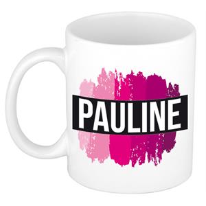 Bellatio Pauline naam cadeau mok / beker met roze verfstrepen - Cadeau collega/ moederdag/ verjaardag of als persoonlijke mok werknemers