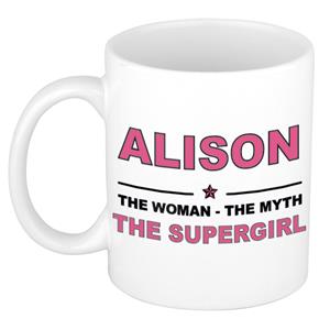 Bellatio Naam cadeau Alison - The woman, The myth the supergirl koffie mok / beker 300 ml - naam/namen mokken - Cadeau voor o.a verjaardag/ moederdag/ pensioen/ geslaagd/ bedankt